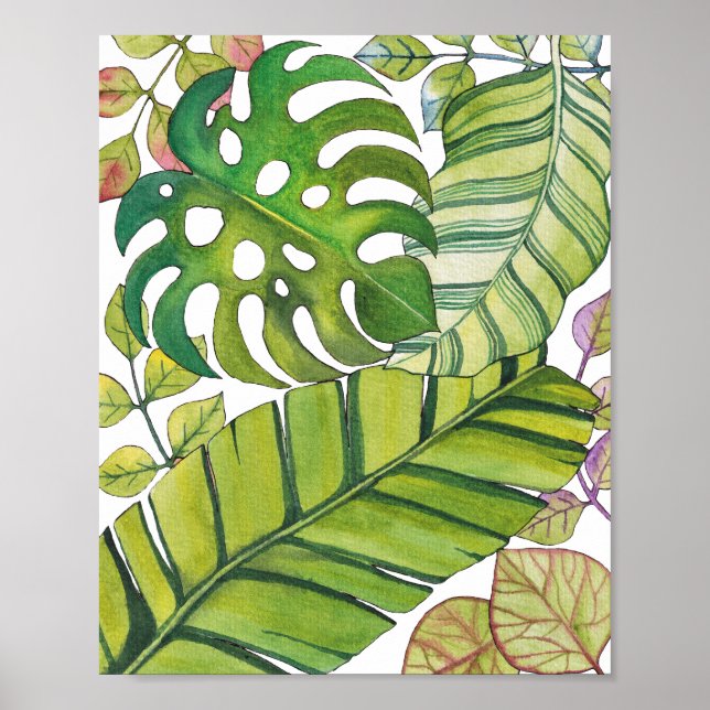 Cute Tropical Leaves In Watercolor Poster (Front)