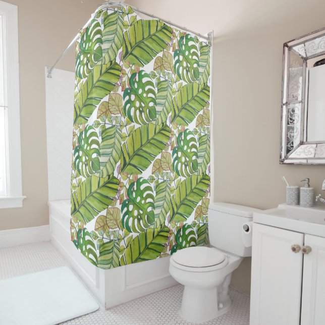 Cute Tropical Leaves In Watercolor Shower Curtain (In Situ)
