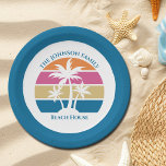 Cute Tropical Palm Tree Custom Blue Beach Party Paper Plate<br><div class="desc">This cute palm tree sunset party paper plate is perfect for your family beach house on a tropical island. Personalise this beautiful coastal celebration decor for a seaside friend who lives in Florida or Hawaii on the coast.</div>