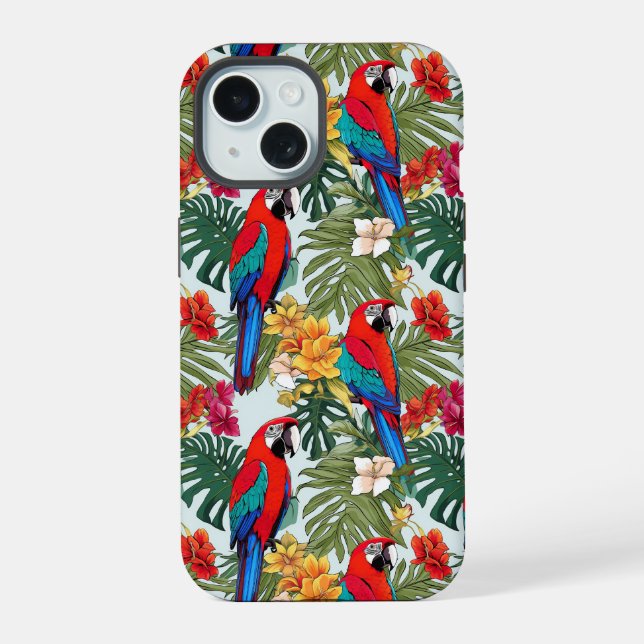 Cute tropical parrot pattern beach iPhone 15 case (Back)