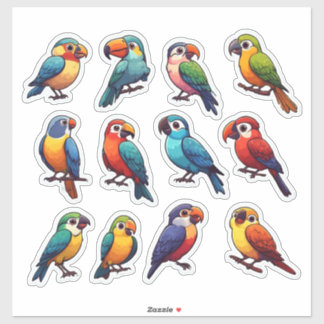 Cute Tropical Parrots Colourful Cartoon Birds