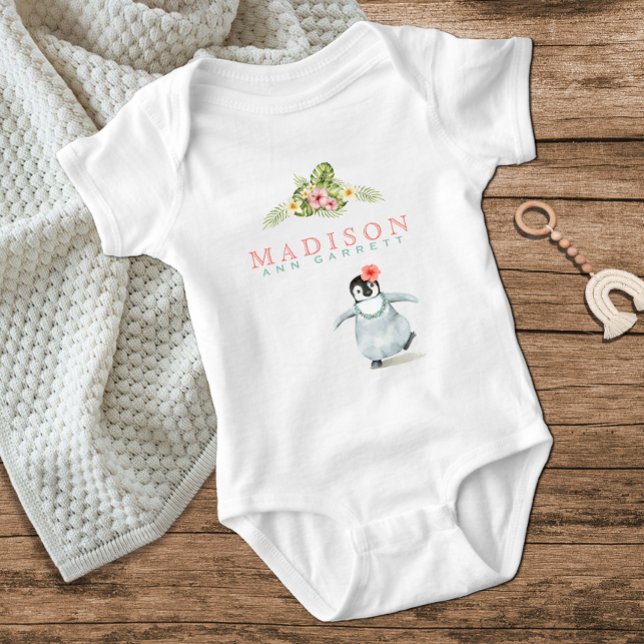 Cute Tropical Penguin Pink Baby Girl Baby Bodysuit (Creator Uploaded)