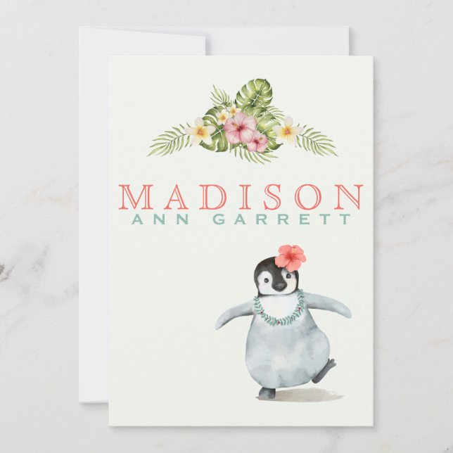 Cute tropical penguin pink baby girl photo birth announcement (Front)