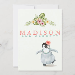 Cute tropical penguin pink baby girl photo birth announcement