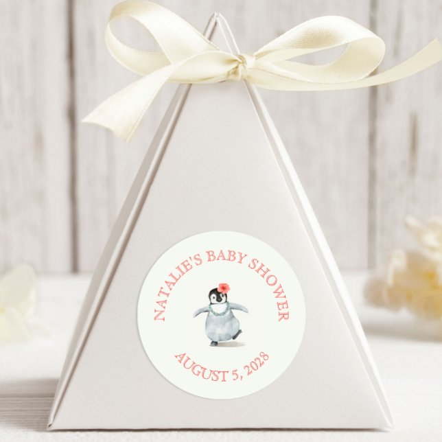 Cute Tropical Penguin Pink Baby Shower Classic Round Sticker (Creator Uploaded)