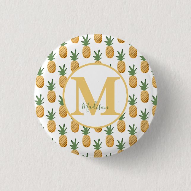 Cute Tropical Pineapple Monogram Button (Front)