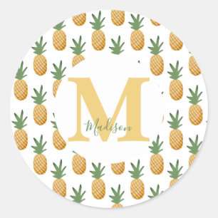 Cute Tropical Pineapple Monogram  Classic Round St Sticker