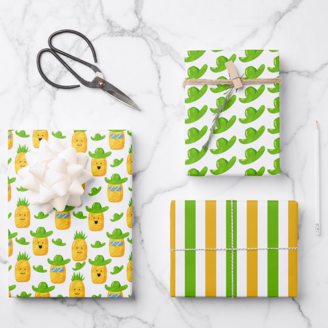 Cute Tropical Pineapple Wrapping Paper  Set of 3 (Front)