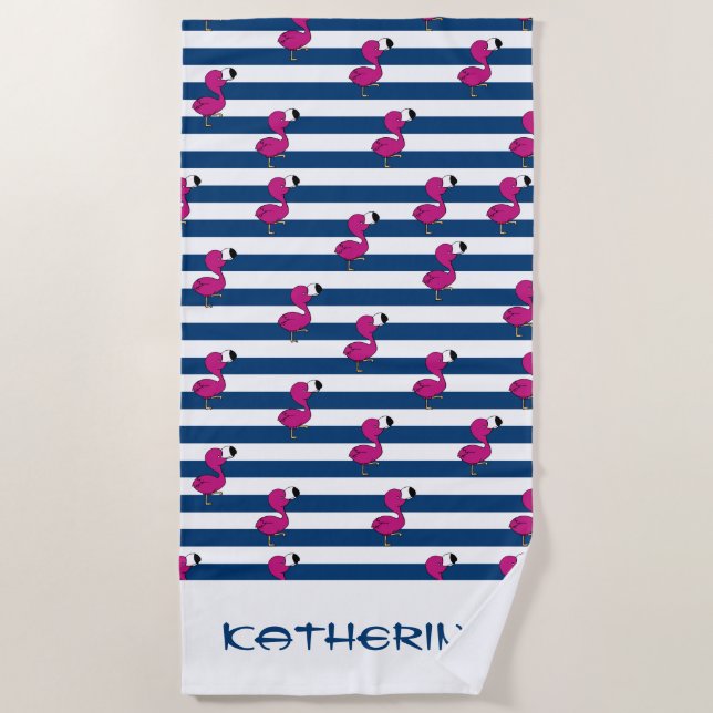 cute tropical pink baby flamingo navy blue striped beach towel (Front)