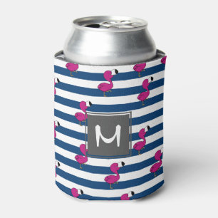 cute tropical pink baby flamingo navy blue striped can cooler