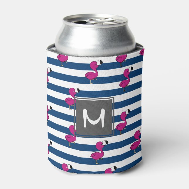 cute tropical pink baby flamingo navy blue striped can cooler (Can Front)
