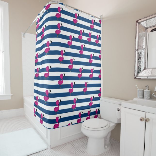 cute tropical pink baby flamingo navy blue striped shower curtain (In Situ)
