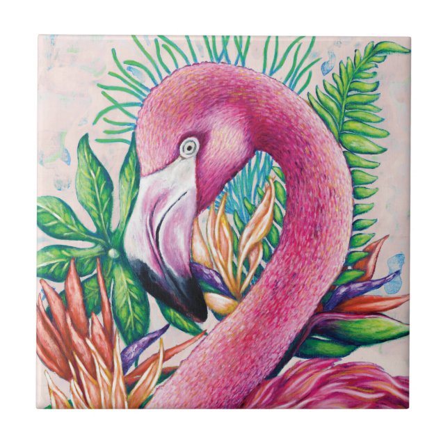 Cute Tropical Pink Flamingo Ceramic Tile (Front)
