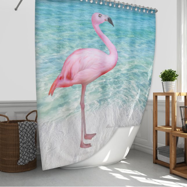 Cute Tropical Pink Flamingo Ocean Beach Shower Curtain (Creator Uploaded)