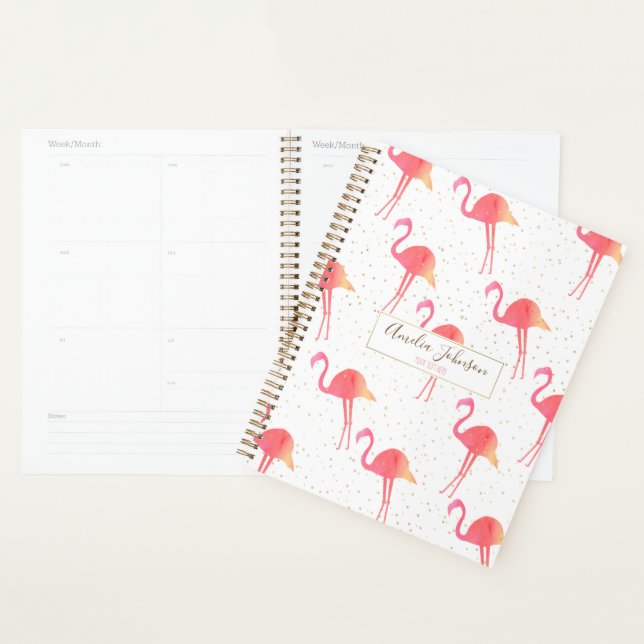 Cute Tropical Watercolor Flamingo Gold Sparkles Planner (Display)