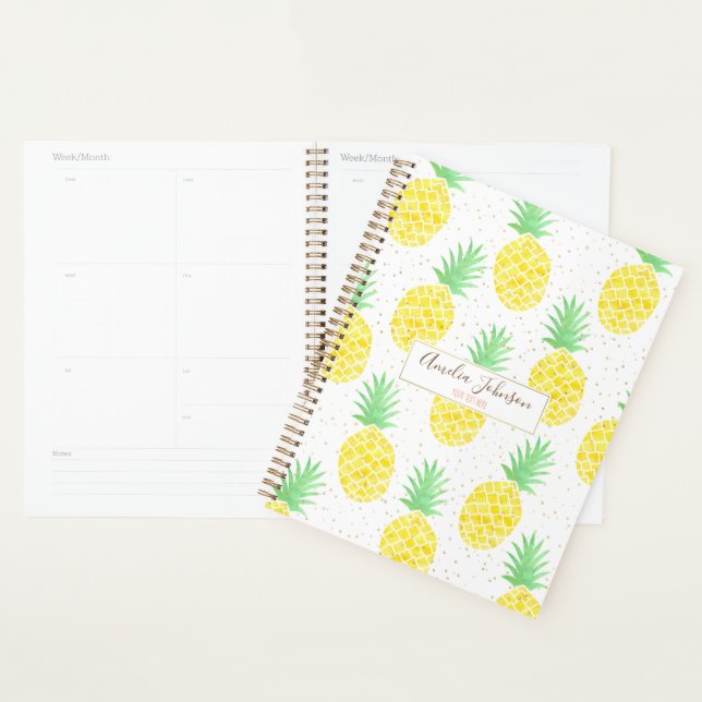 Cute Tropical Watercolor Pineapple Gold Sparkles Planner (Display)