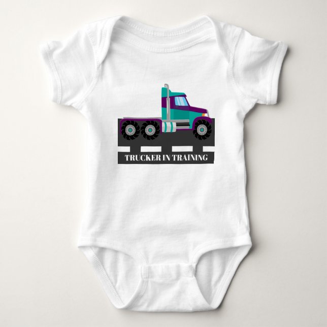 Cute trucker in training baby boys bodysuit (Front)