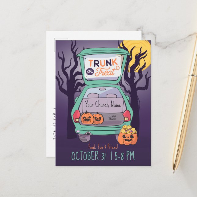 Cute Trunk or Treat Custom Halloween Invitation Postcard (Front/Back In Situ)