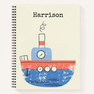 Cute Tug Boat Red Blue Illustration Name Custom Notebook