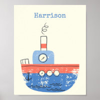 Cute Tug Boat Red Blue Illustration Name Custom
