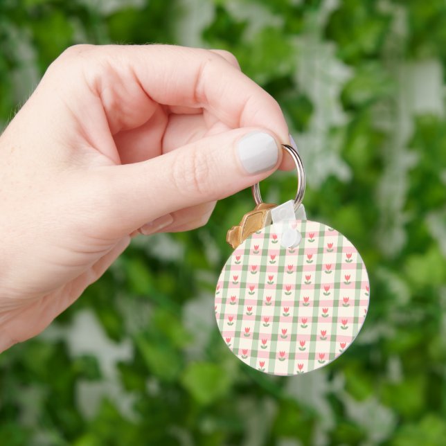 Cute Tulip Checkered Pattern | Pastel Floral  Key Ring (Hand)