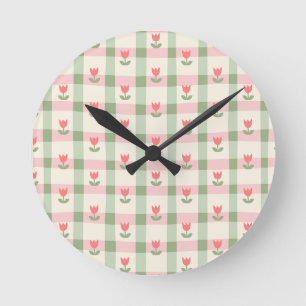 Cute Tulip Checkered Pattern   Pastel Floral  Round Clock