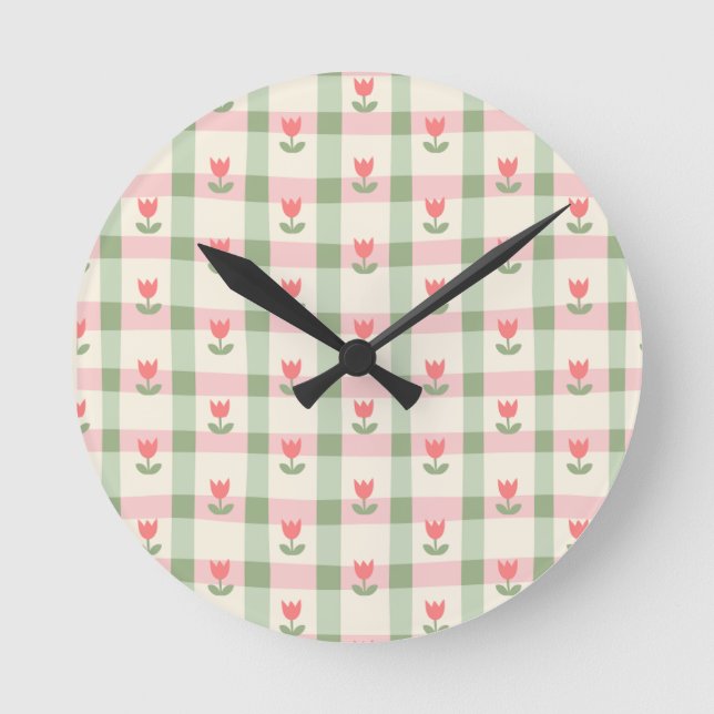 Cute Tulip Checkered Pattern | Pastel Floral  Round Clock (Front)