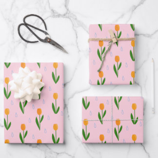 Cute Tulip Flower with Raindrop Pattern Wrapping Paper Sheet