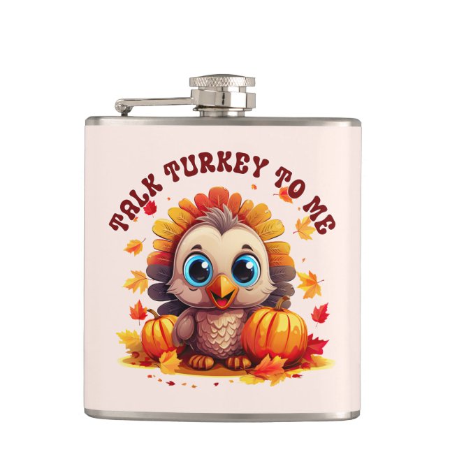 Cute Turkey and Autumn Foliage Hip Flask (Front)