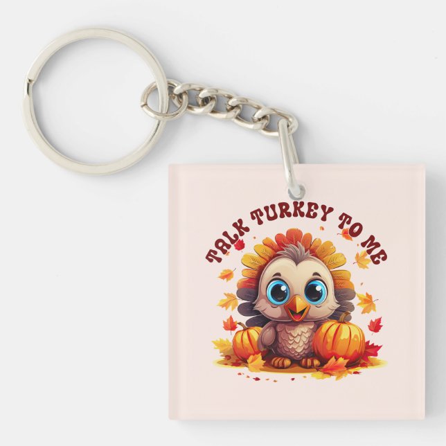 Cute Turkey and Autumn Foliage Key Ring (Front)