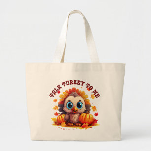 Cute Turkey and Autumn Foliage Large Tote Bag