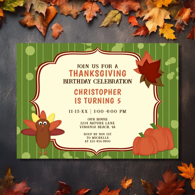 Cute Turkey and Pumpkins Thanksgiving Birthday Invitation (Front - Cute Turkey and Pumpkins Thanksgiving Birthday Invitation)
