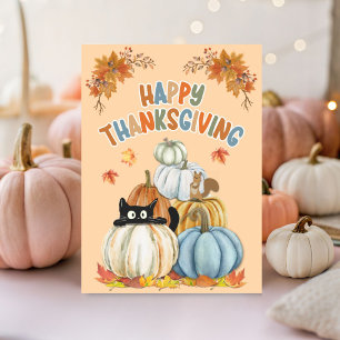 Cute Turkey and Retro Pumpkins Happy Thanksgiving Card