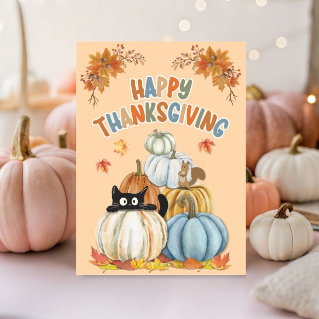 Cute Turkey and Retro Pumpkins Happy Thanksgiving  Card (Creator Uploaded)