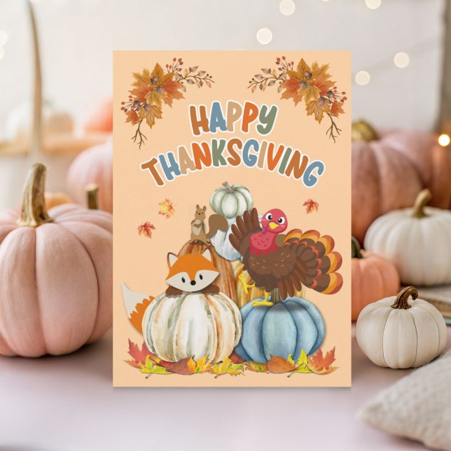 Cute Turkey and Retro Pumpkins Happy Thanksgiving Holiday Card (Creator Uploaded)