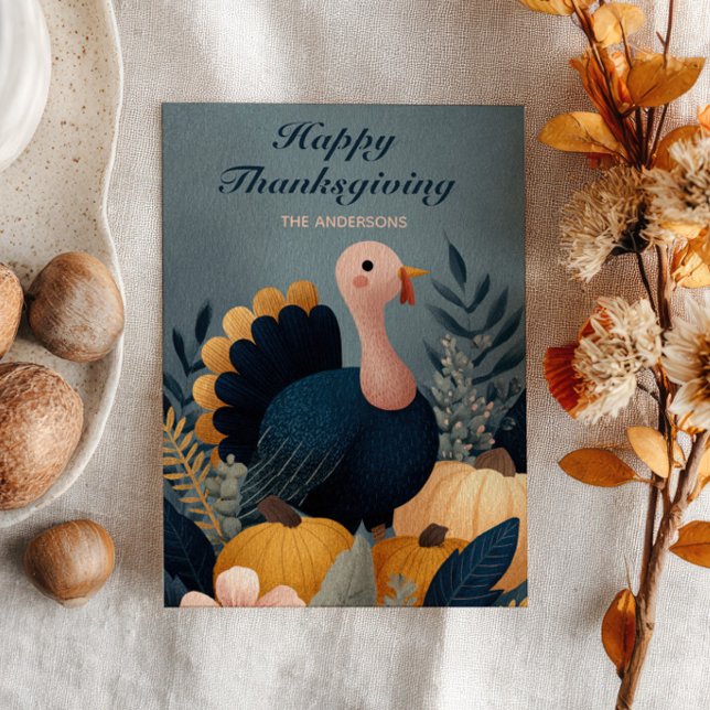 Cute Turkey& Autumn Foliage Happy Thanksgiving  Holiday Card (Creator Uploaded)