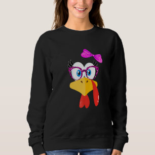 Cute Turkey Face Girl Pink Bow Thanksgiving Kids Sweatshirt