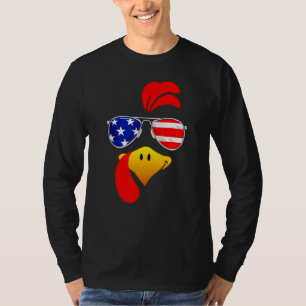 Cute Turkey Face Thanksgiving American Flag Sungla T-Shirt