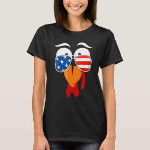 Cute Turkey Face Thanksgiving American Flag Sungla T-Shirt