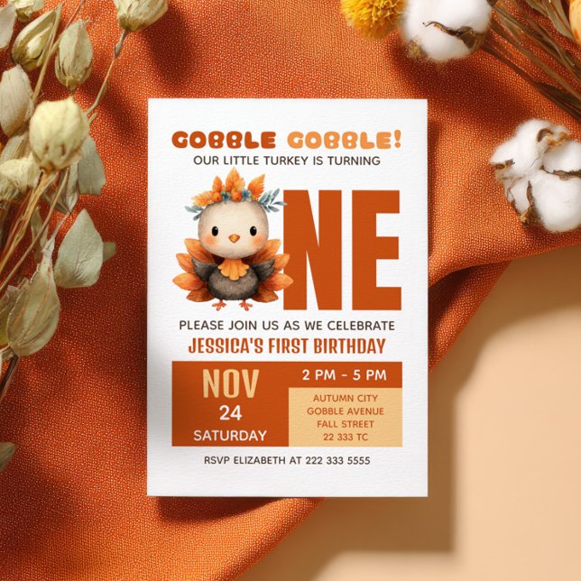 Cute Turkey Gobble Fall Thanksgiving 1st Birthday Invitation (Creator Uploaded)