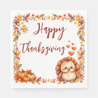 Cute Turkey Happy Thanksgiving Autumn Leaves Napkin