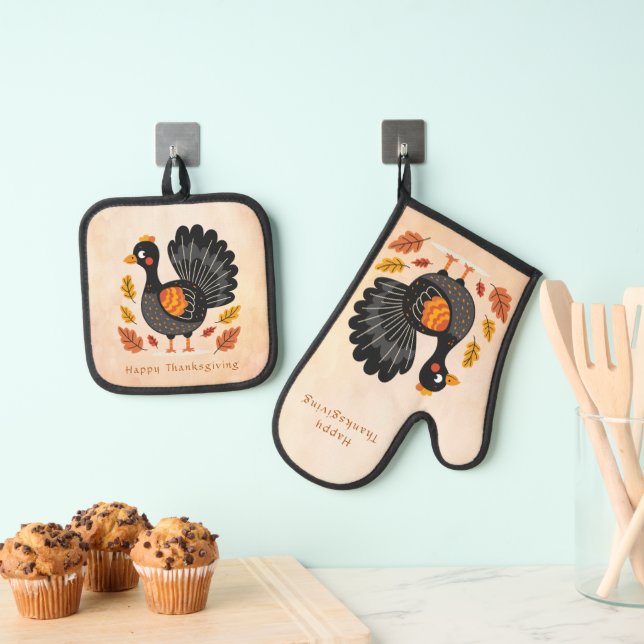 Cute Turkey Happy Thanksgiving Oven Mitt & Pot Holder Set (Insitu(Hanging))