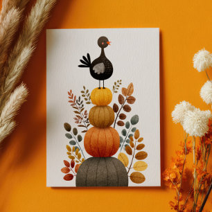 Cute Turkey on Fall Pumpkins Retro Thanksgiving Postcard