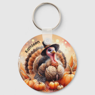 Cute Turkey Pilgrim Hat Pumpkins Corn Thanksgiving Key Ring