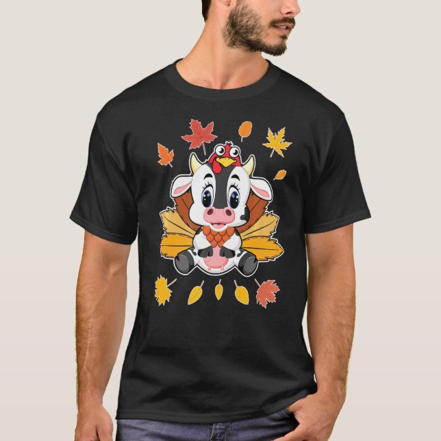 Cute Turkey Pilgrim Riding Cow Costume Lovely T-Shirt (Front)