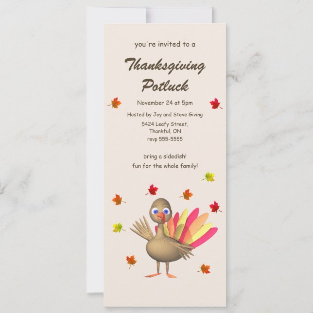 Cute Turkey Thanksgiving Potluck 4x9.25 Invitation (Front)