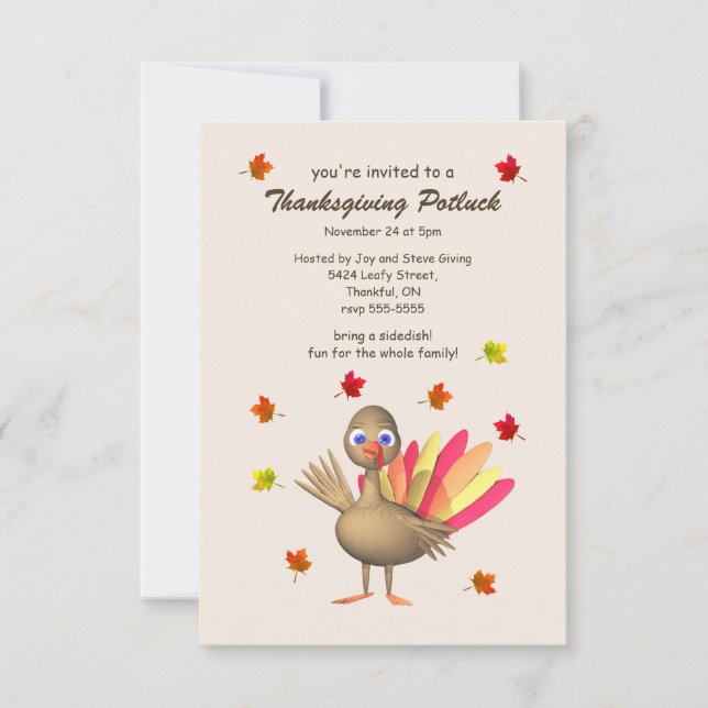 Cute Turkey Thanksgiving Potluck Invitation (Front)