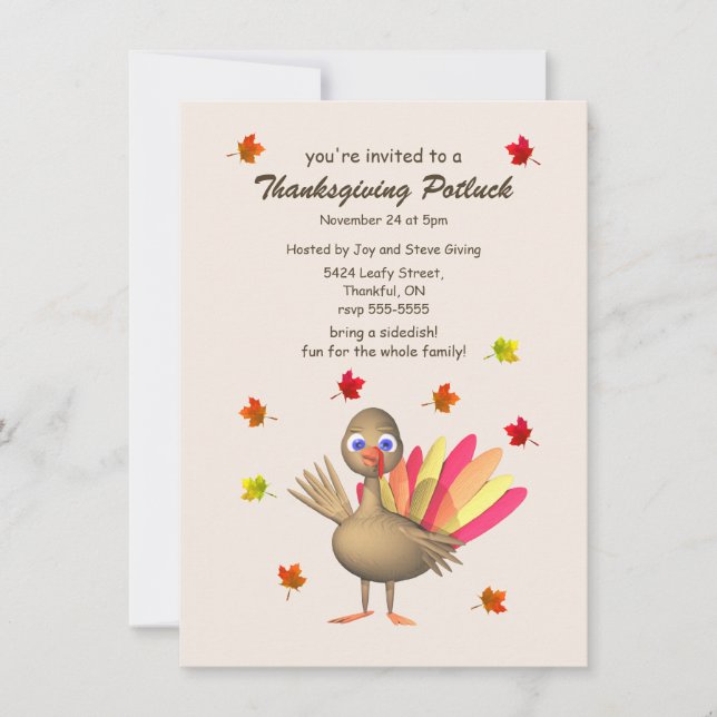 Cute Turkey Thanksgiving Potluck Invitation (Front)