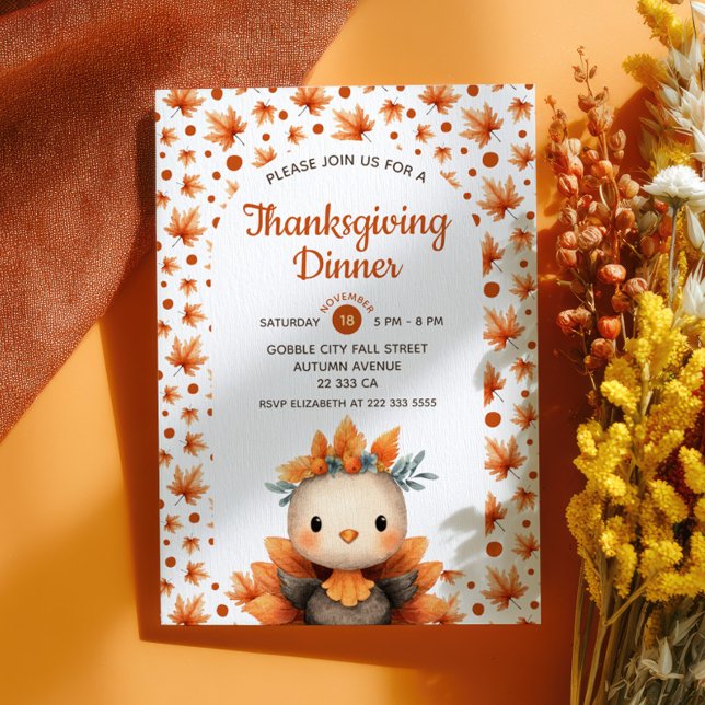 Cute Turkey with Fall Foliage Thanksgiving Dinner  Invitation (Creator Uploaded)
