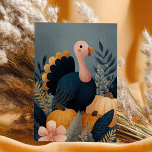 Cute Turkey with Fall Harvest Happy Thanksgiving  Postcard